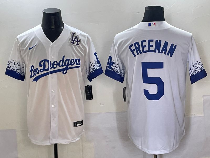Men Los Angeles Dodgers 5 Freeman White blue City Edition Nike MLB Jersey style 8